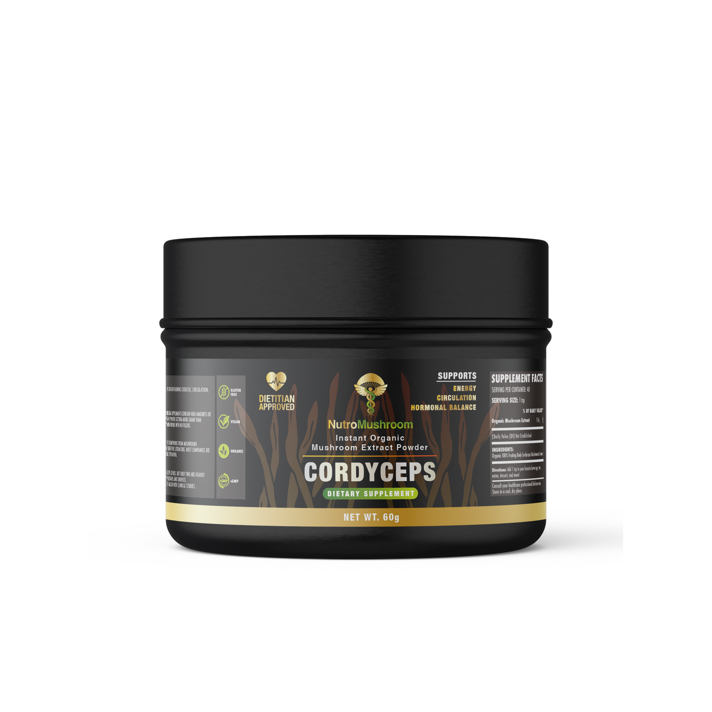 Cordyceps militaris extract powder supplement. The label is wrapped around a zero plastic tin with a Dietitian-approved stamp, organic icon and cordyceps mushrooms in the background.