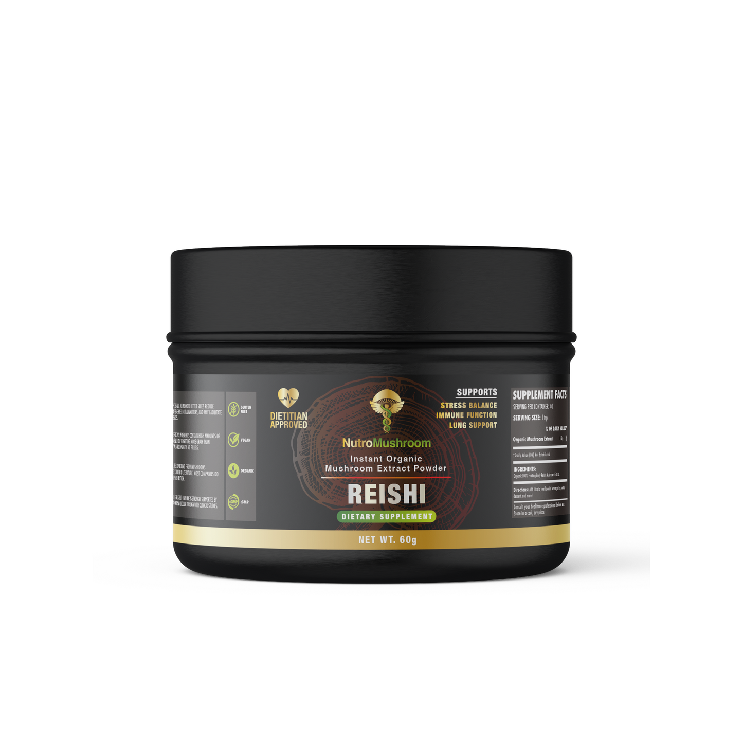 Reishi extract powder supplement. The label is wrapped around a zero plastic tin with a Dietitian-approved stamp, organic icon and reishi mushrooms in the background.