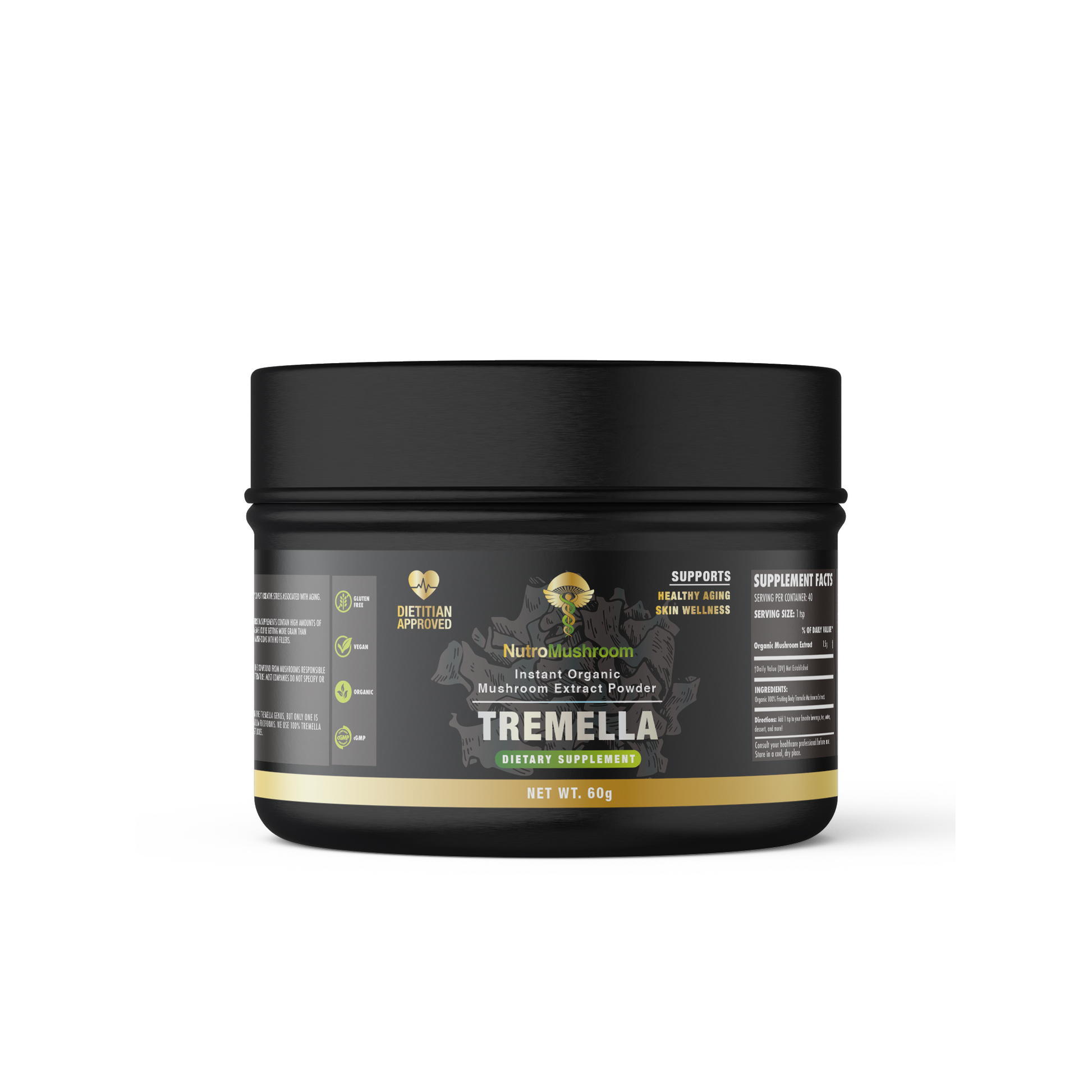 Tremella extract powder supplement. The label is wrapped around a zero plastic tin with a Dietitian-approved stamp, organic icon and Tremella mushrooms in the background.