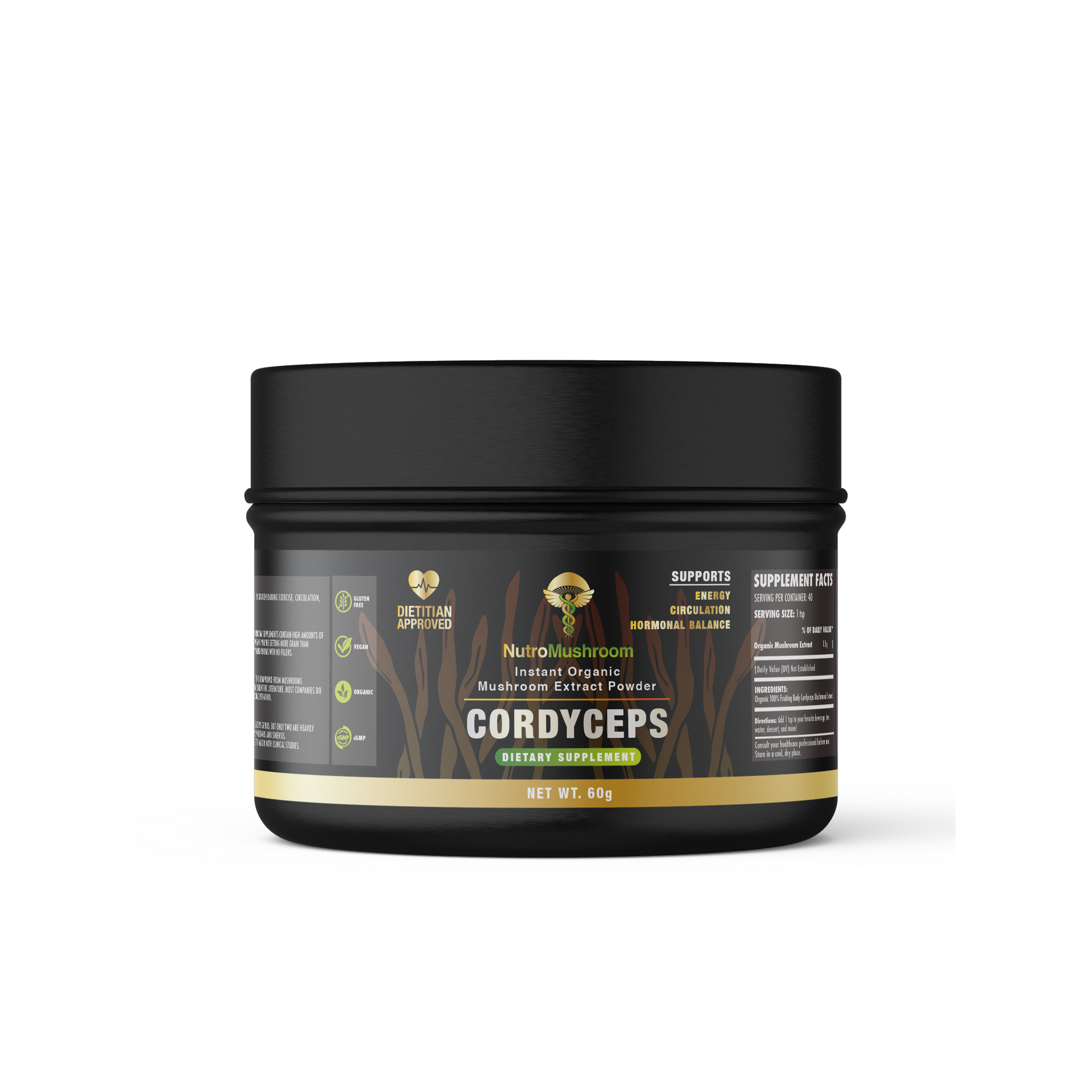  Cordyceps militaris extract powder supplement. The label is wrapped around a zero plastic tin with a Dietitian-approved stamp, organic icon and cordyceps mushrooms in the background. 