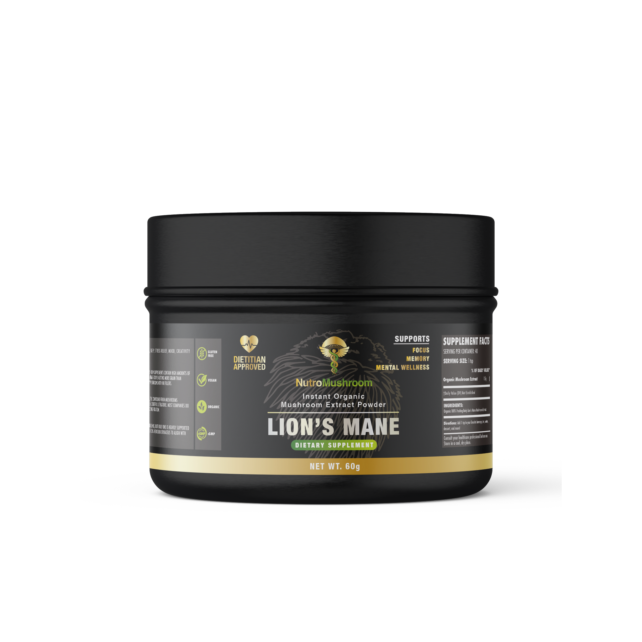  Lion's Mane extract powder supplement. The label is wrapped around a zero plastic tin with a Dietitian-approved stamp, organic icon and lion's mane mushrooms in the background. 